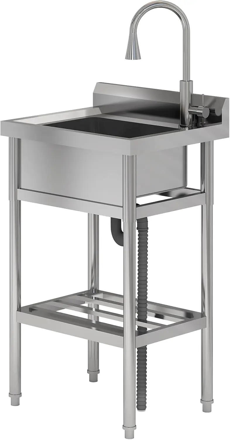 UK Stainless Steel Freestanding Utility Sink with 304 Stainless Faucet - Single Bowl Heavy Duty Kitchen Sink for Laundry Room, G