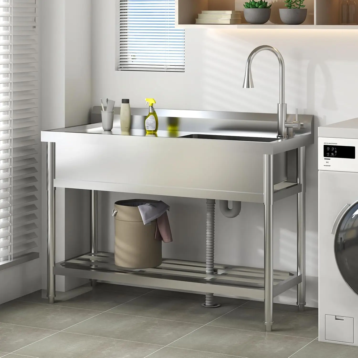 UK Stainless Steel Freestanding Utility Sink with 304 Stainless Faucet - Single Bowl Heavy Duty Kitchen Sink for Laundry Room, G