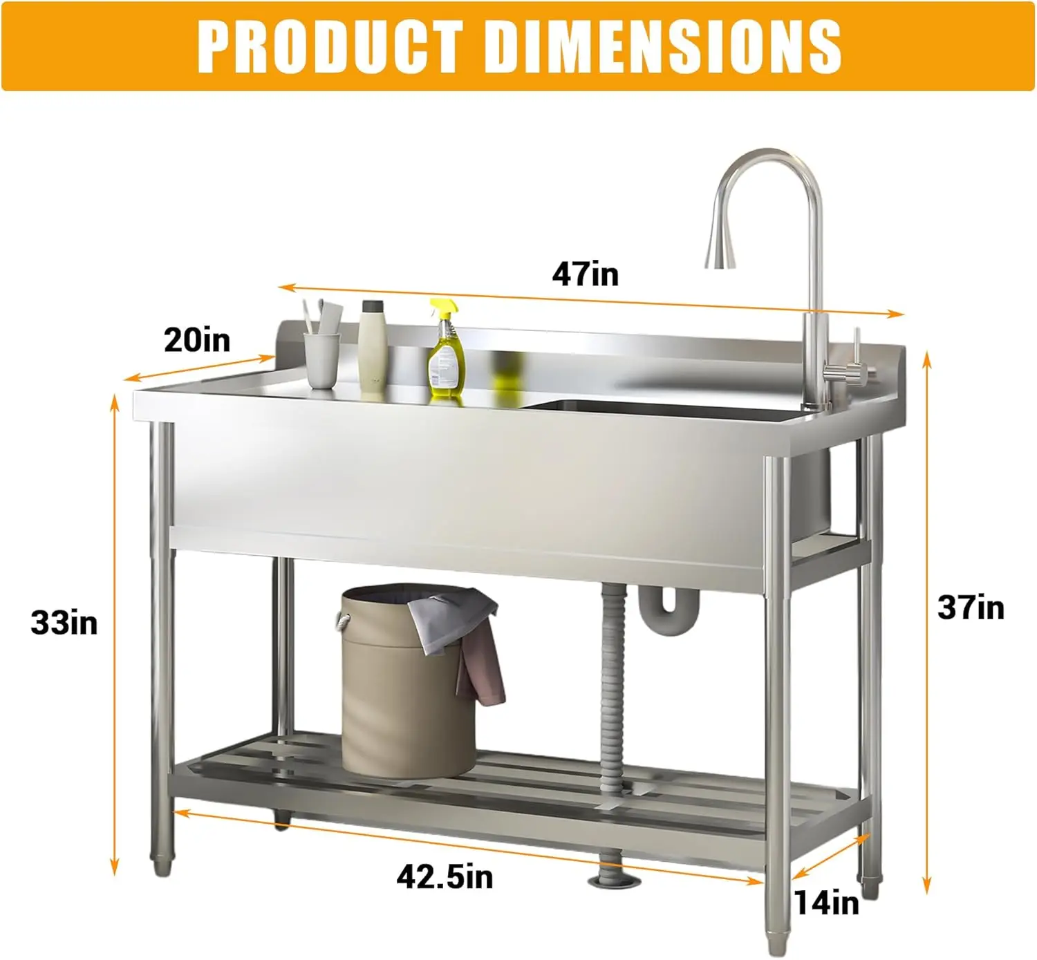 UK Stainless Steel Freestanding Utility Sink with 304 Stainless Faucet - Single Bowl Heavy Duty Kitchen Sink for Laundry Room, G