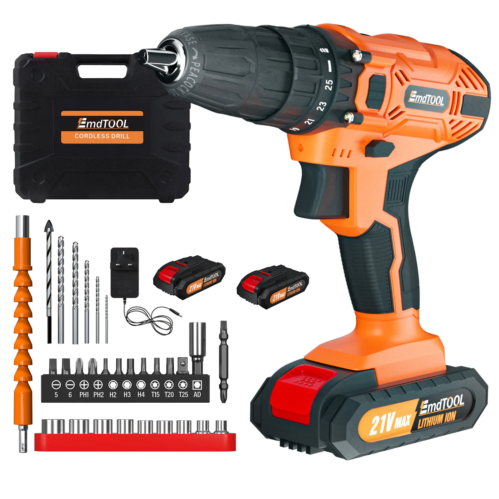 200N.m Cordless Drill Driver 21V, Electric Drill Kit with 1500mAh LI-ion Battery, Cordless Screwdriver 25+1 Torque, 2 Speed