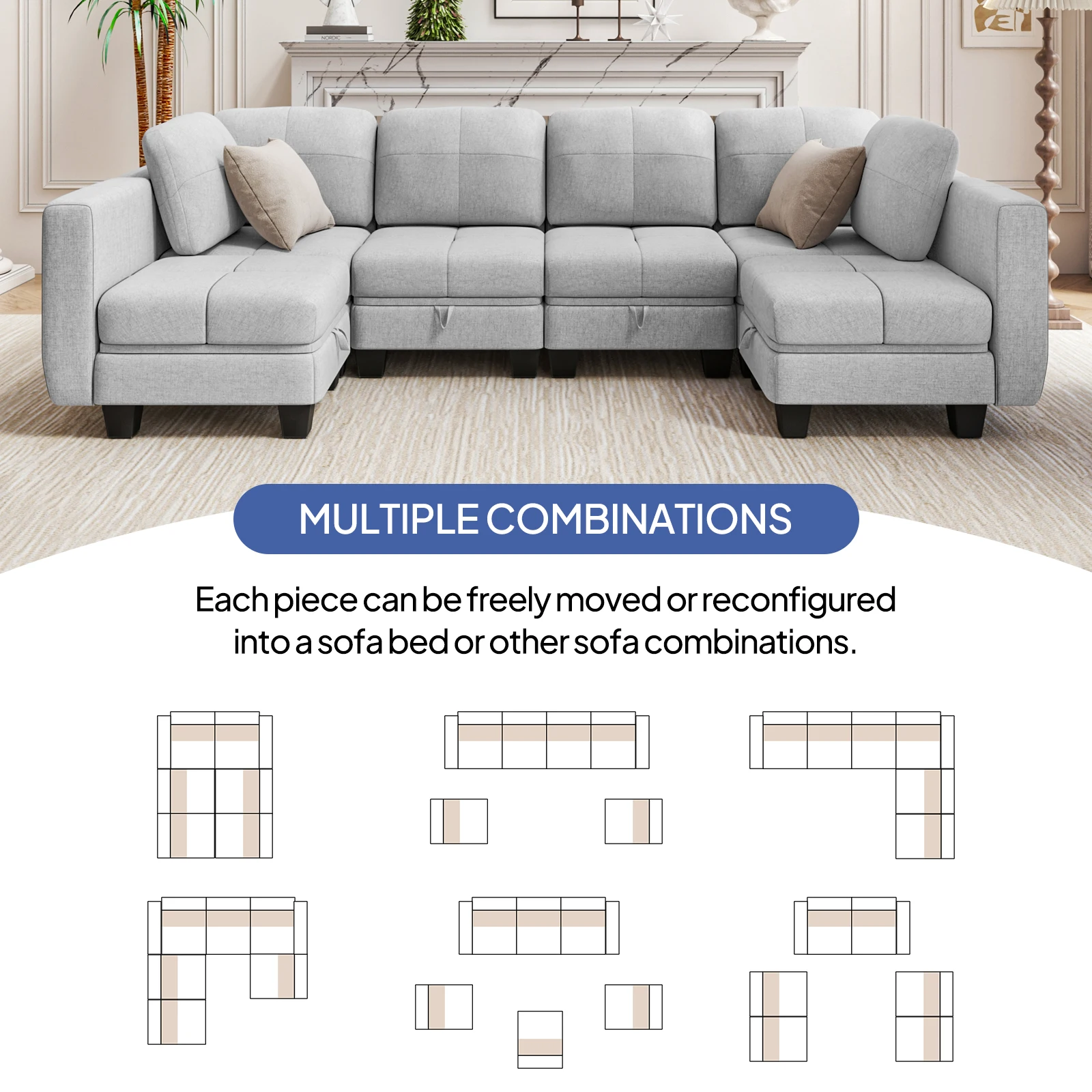 Fabric Modular Sofas with Upholstered Cushion and Removable Back Cushion Covers, Modern Sectional Sofa for Living Room