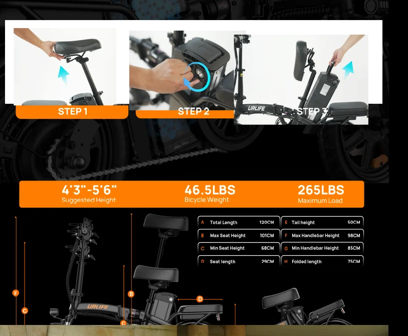 URLIFE F1L E-Bike 350W Brushless Motor 48V7.8AH Battery Adult Portable Electric Bike 14 In Tire City Commuting Electric Bicycle