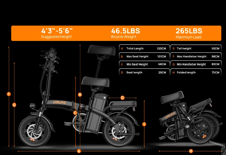 URLIFE F1L E-Bike 350W Brushless Motor 48V7.8AH Battery Adult Portable Electric Bike 14 In Tire City Commuting Electric Bicycle
