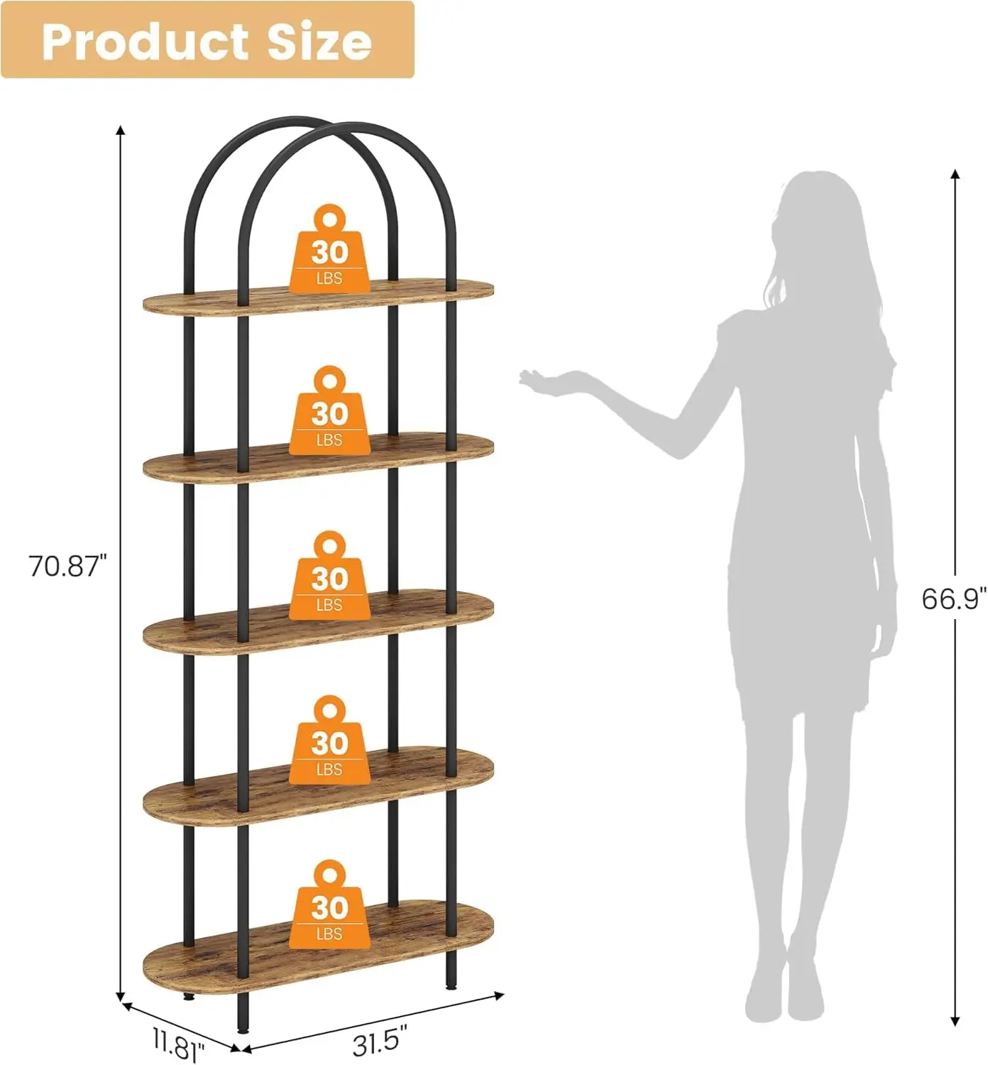 5-Tier Bookshelf, 71 Inch Tall Arched Bookcase, Metal Frame Modern Display Racks with Adjustable Feet, Freestanding
