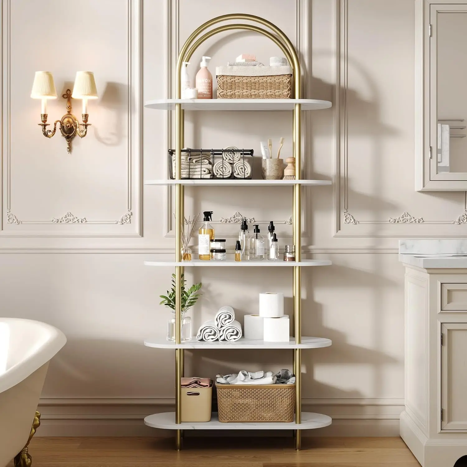 5-Tier Bookshelf, 71 Inch Tall Arched Bookcase, Metal Frame Modern Display Racks with Adjustable Feet, Freestanding