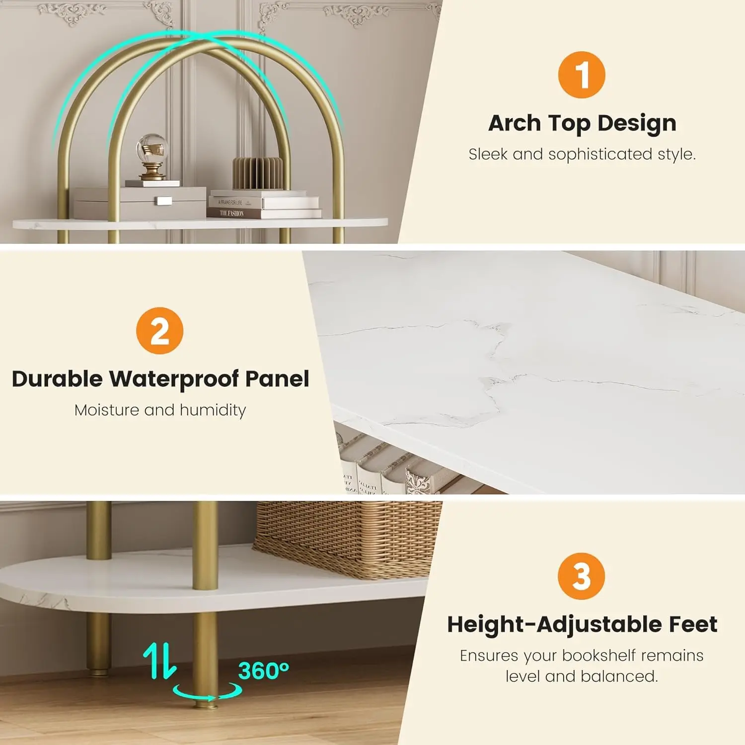 5-Tier Bookshelf, 71 Inch Tall Arched Bookcase, Metal Frame Modern Display Racks with Adjustable Feet, Freestanding