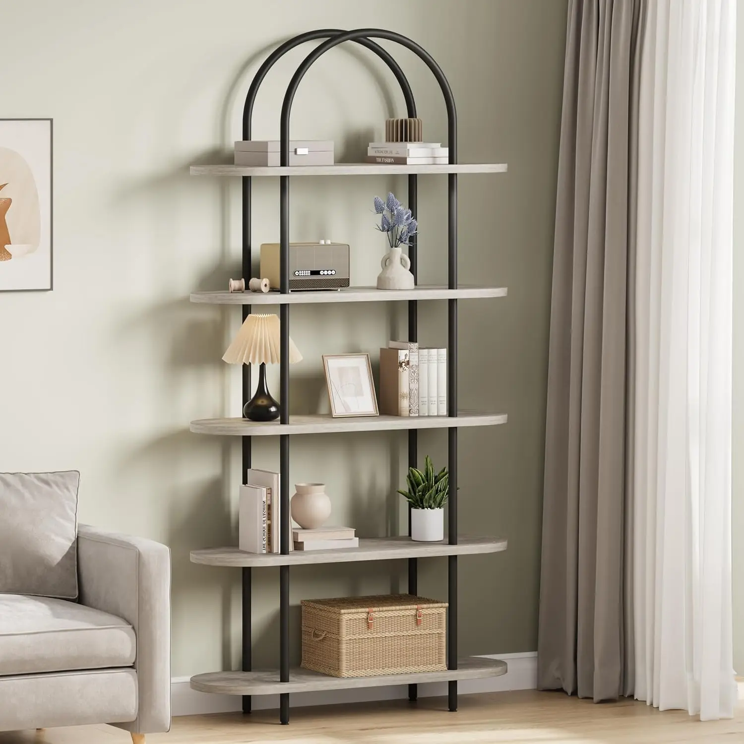 5-Tier Bookshelf, 71 Inch Tall Arched Bookcase, Metal Frame Modern Display Racks with Adjustable Feet, Freestanding