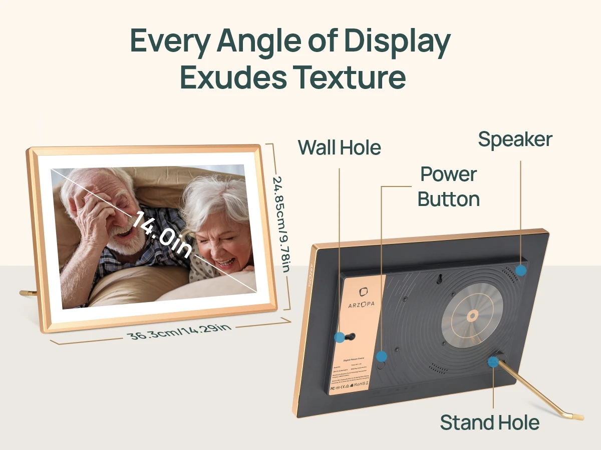 ARZOPA 14 Inch Digital Photo Frame Unlimited Free Cloud Storage WiFi IPS HD Touch Screen Remote Share Photo Videos Auto Rotation