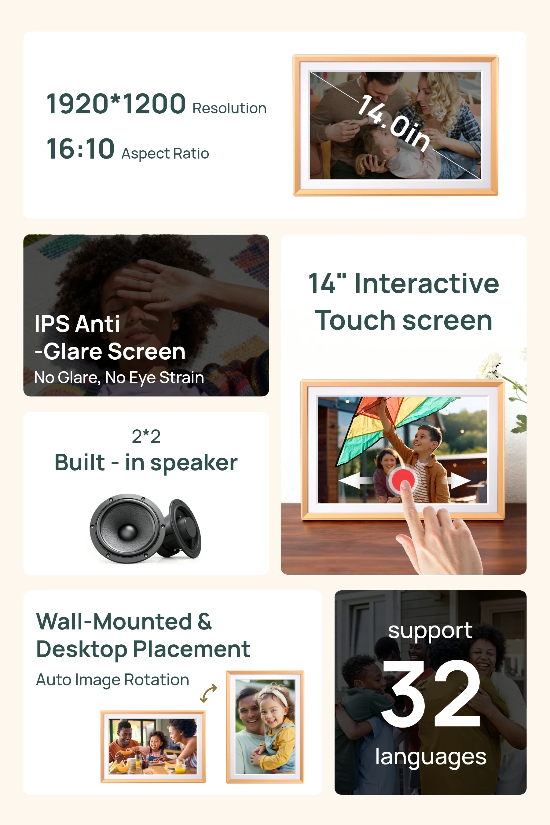 ARZOPA 14 Inch Digital Photo Frame Unlimited Free Cloud Storage WiFi IPS HD Touch Screen Remote Share Photo Videos Auto Rotation