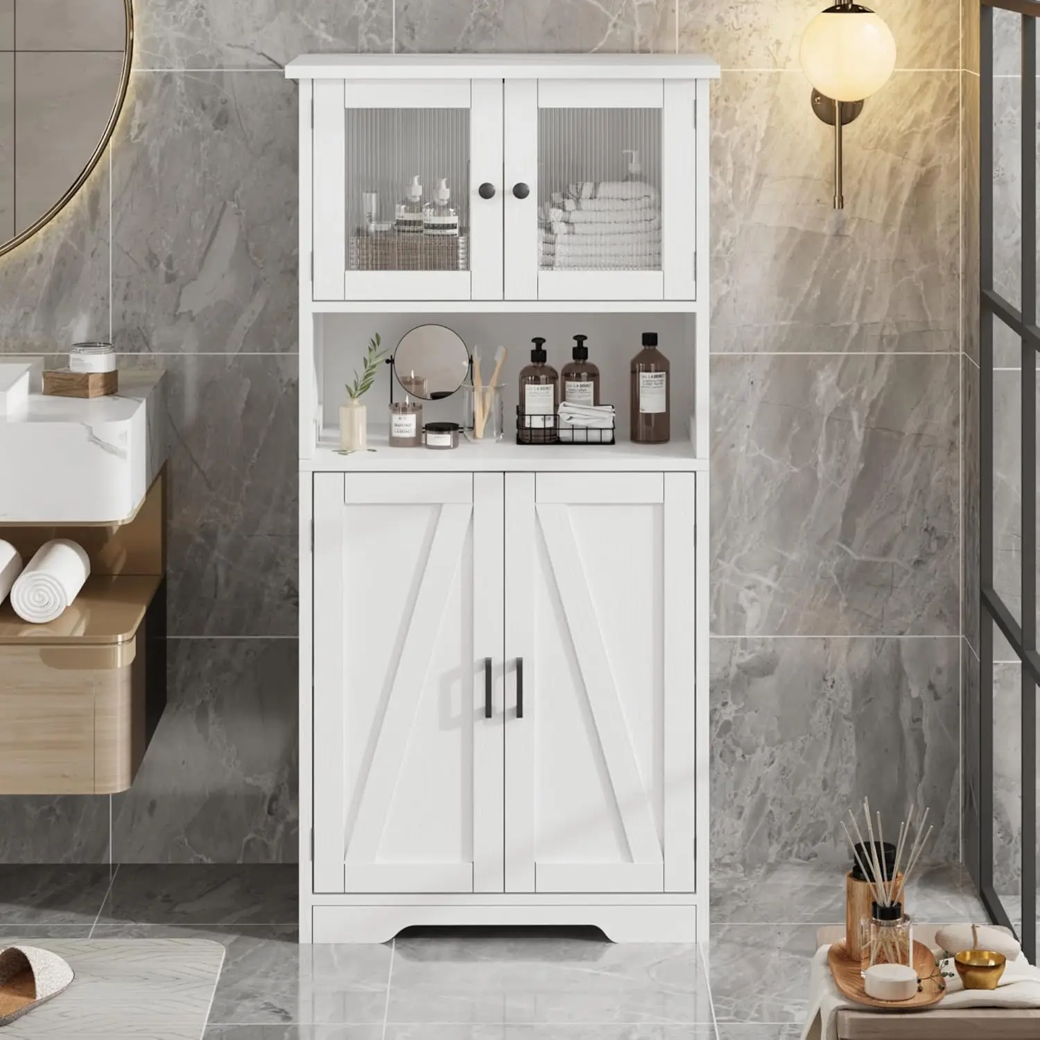 UK Tall Bathroom Cabinet with 4 Doors and Adjustable Shelves, 50" Freestanding Bathroom Storage Cabinet Farmhouse Cupboard for K
