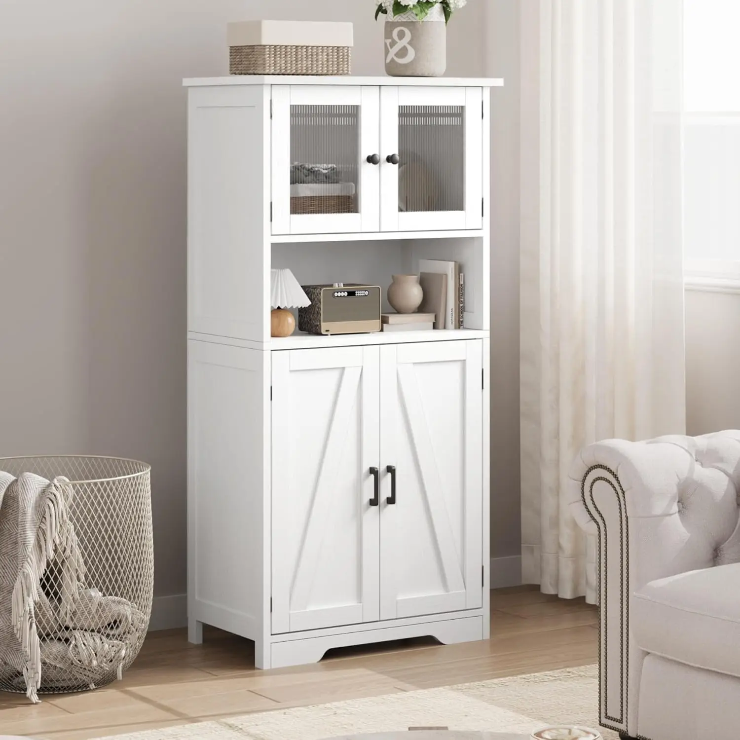 UK Tall Bathroom Cabinet with 4 Doors and Adjustable Shelves, 50" Freestanding Bathroom Storage Cabinet Farmhouse Cupboard for K