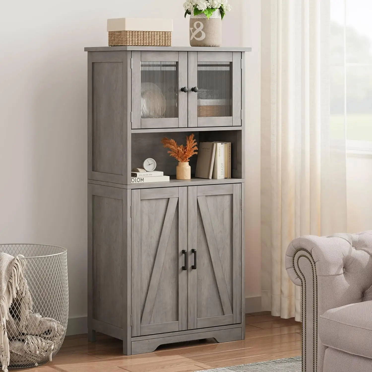 UK Tall Bathroom Cabinet with 4 Doors and Adjustable Shelves, 50" Freestanding Bathroom Storage Cabinet Farmhouse Cupboard for K