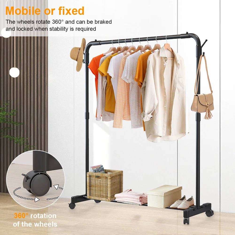 Metal Clothing Rack With Storage Shelf on Wheels Movable Garment Rail Portable Wardrobe Rack for Hanging Garments Dresses Coats