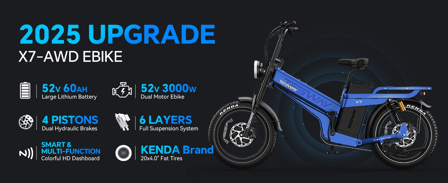 Tesway X7 AWD Electric Bike 52V 60Ah Battery 2000W Dual Motor Ebike 20x4.0'' Fat Tire Hydraulic Brakes E-Bike