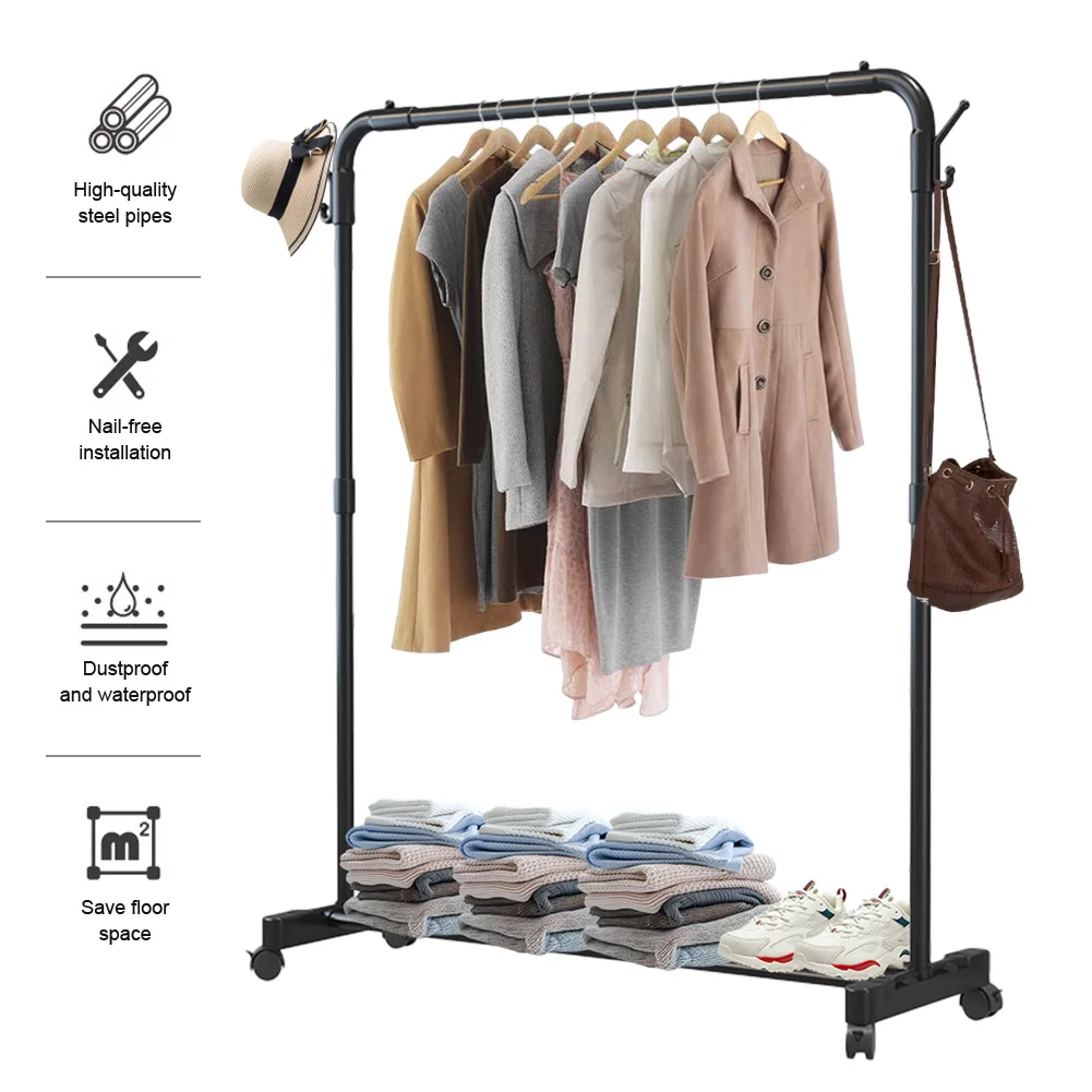 Metal Clothing Rack Single Rod on Wheels Portable Wardrobe Rack Garment Rack Display Stand for Hanging Garments Dresses Coats