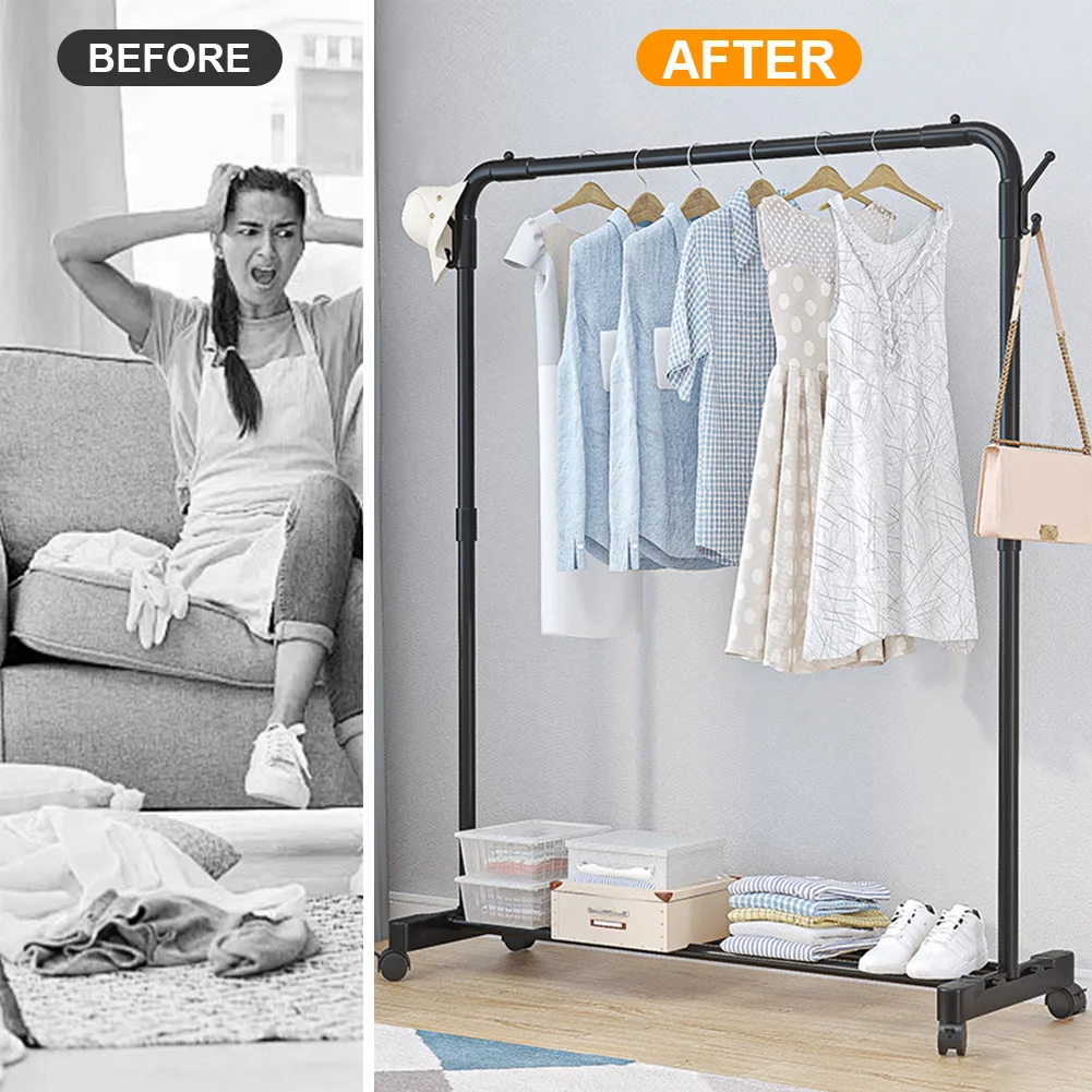 Metal Clothing Rack Single Rod on Wheels Portable Wardrobe Rack Garment Rack Display Stand for Hanging Garments Dresses Coats