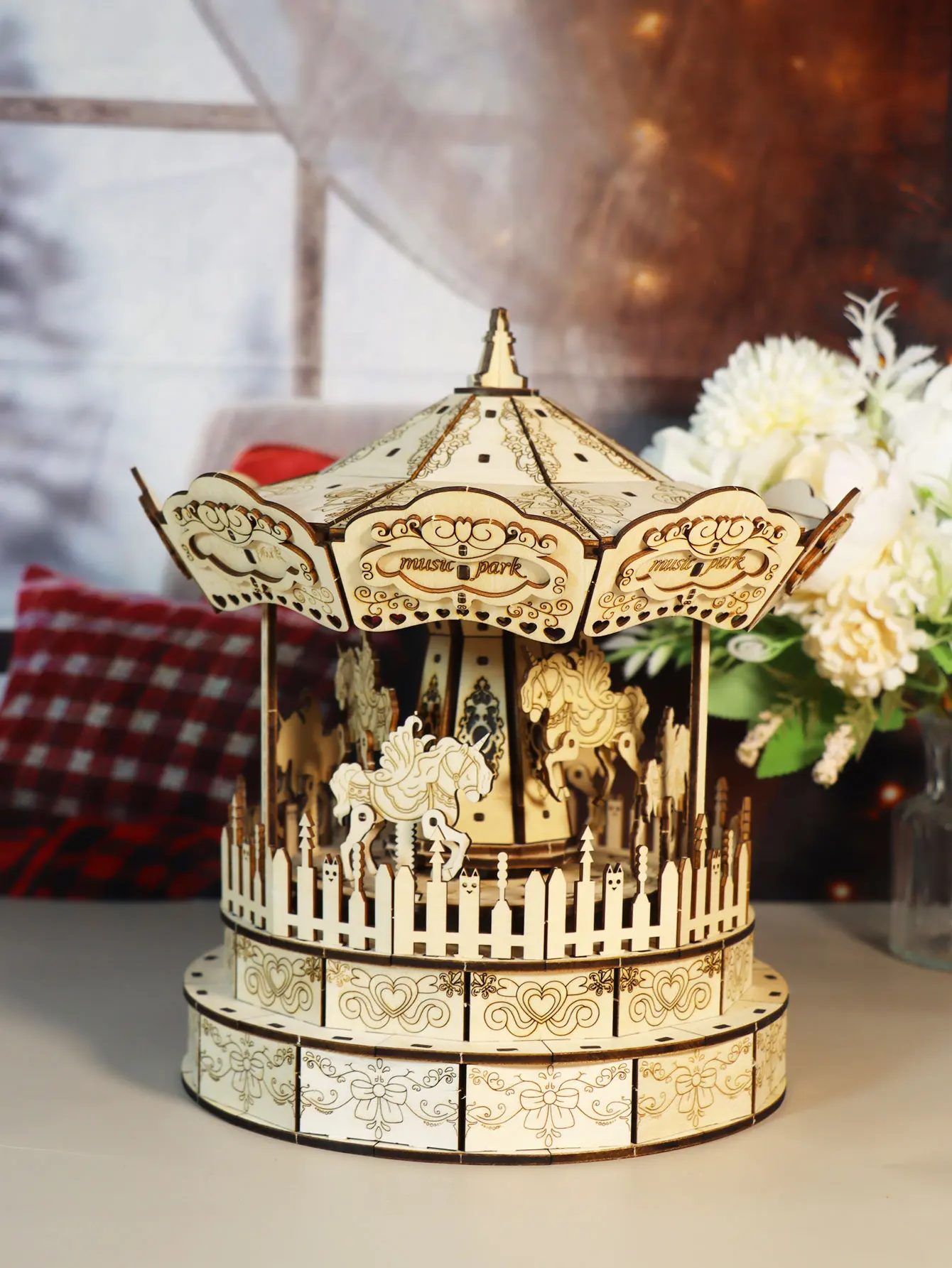Music Park 3D Wooden Puzzle Carousel Music Box You Are My Sunshine Model Kits for Adults Birthday Christmas Unique Gift for Wome