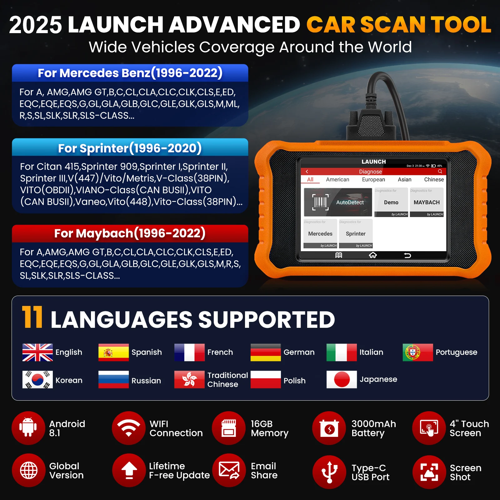 LAUNCH X431 Creader Elite 2.0 OBD2 Car Scanner Scan Full Systems Diagnose Tool Lifetime Free Update for BENZ/MAYBACH/SPRINTER