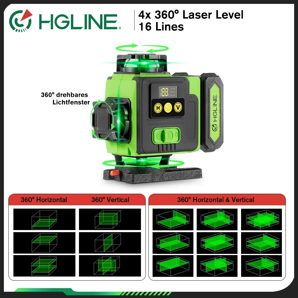 HGLINE 16 Lines 4D Laser Level APP Remote Control Rechargeable Self-leveling 360 Laser Level 6000mAh Big Li-ion Battery