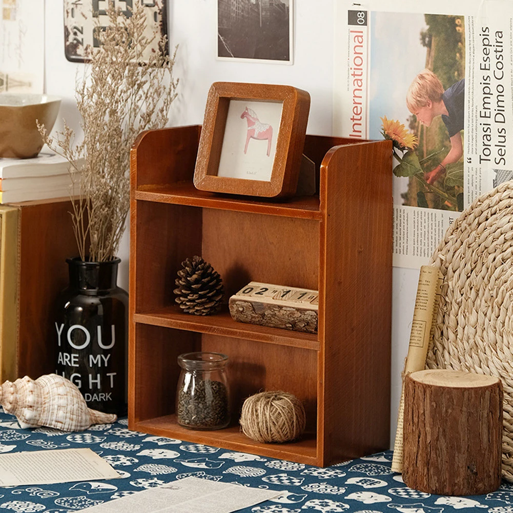 【Breeins】3-Tier Retro Tabletop Wooden Storage Rack with Two Metal Hooks