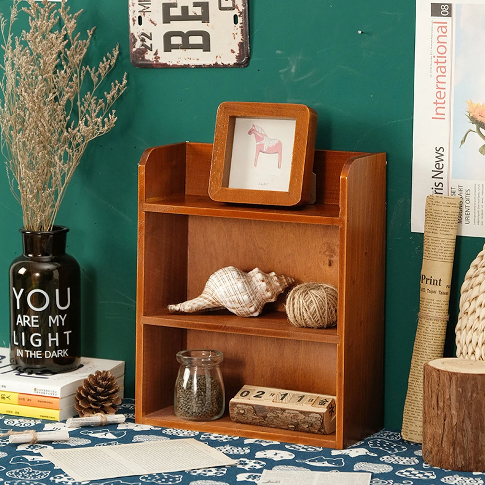 【Breeins】3-Tier Retro Tabletop Wooden Storage Rack with Two Metal Hooks