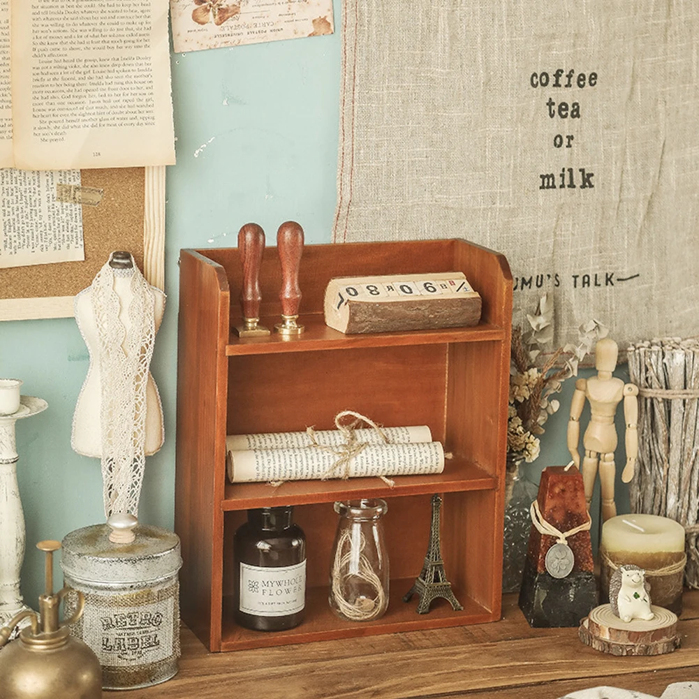 【Breeins】3-Tier Retro Tabletop Wooden Storage Rack with Two Metal Hooks