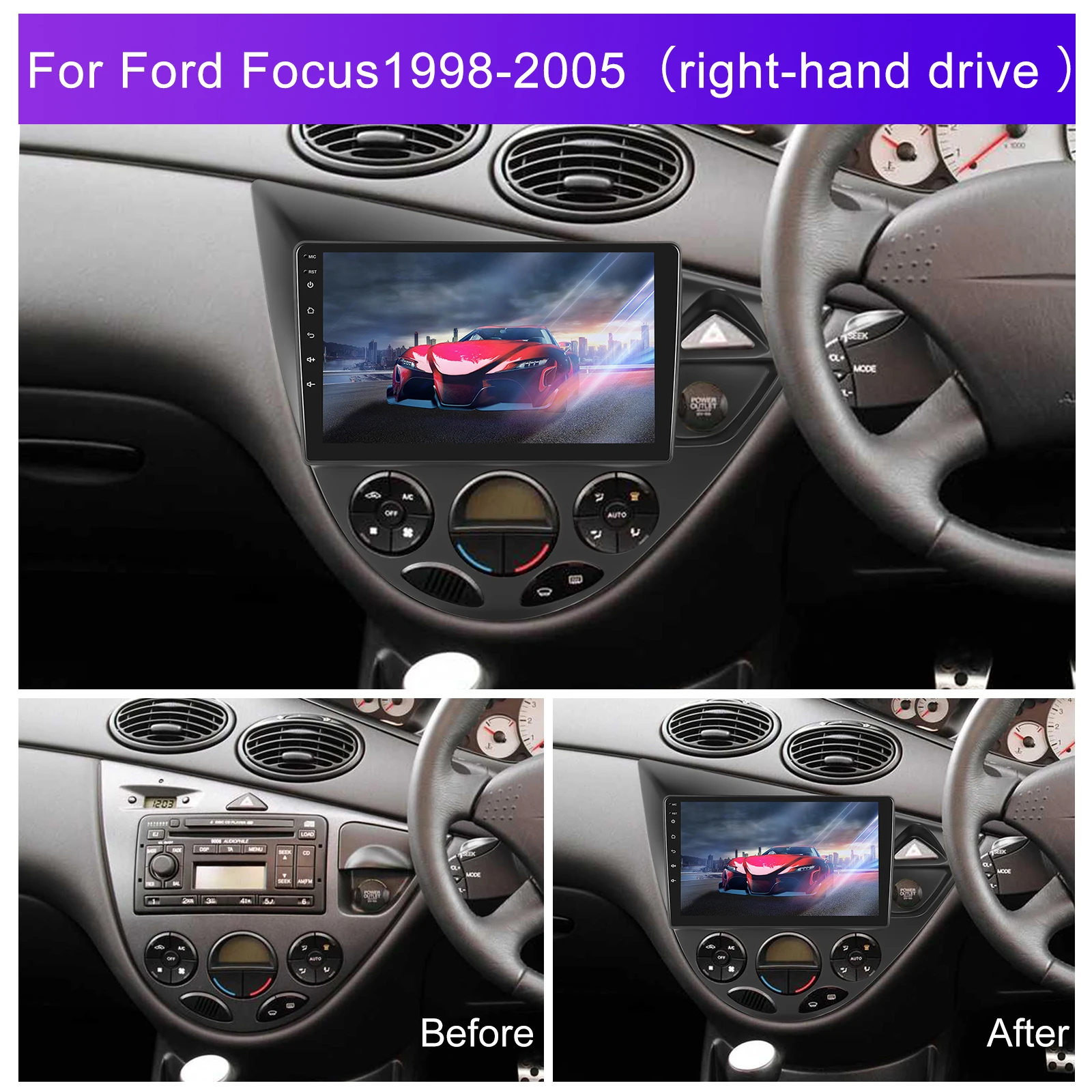 Podofo For Ford Focus1998- 2005 Car Radio 4GB+64GB Wireless Carplay Android Auto Multimedia Video Player Mirror Link 9 Inch