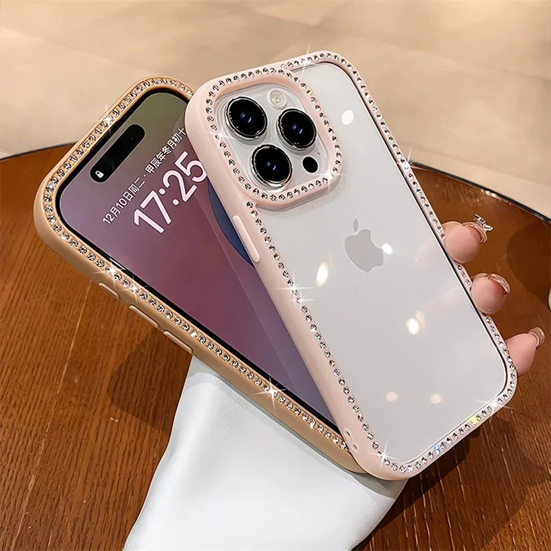 Luxury Bling Rhinestone Diamond Transparent Case For iPhone 16 Pro Max 15 14 13 Shockproof Protection Bumper Hard Acrylic Cover