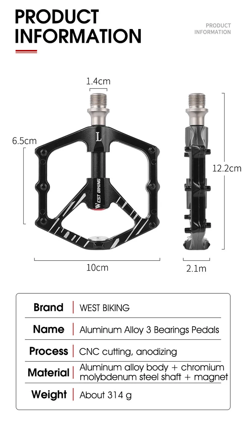 WEST BIKING 3 Bearings Pedal Ultralight Magnetic Aluminum Alloy Anti-Slip Widened Pedal Bicycle Bike Pedal Cycling Road Pedals
