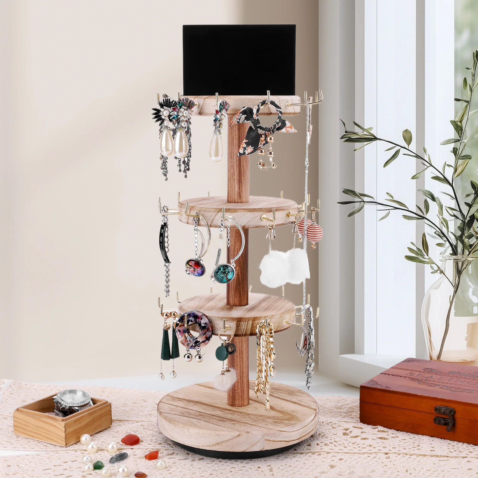 Rotatable Wooden Craft Jewelry Holder Bracelet Display Stand Jewelry Display Holder Bracelet Keychain Display Stands for Selling