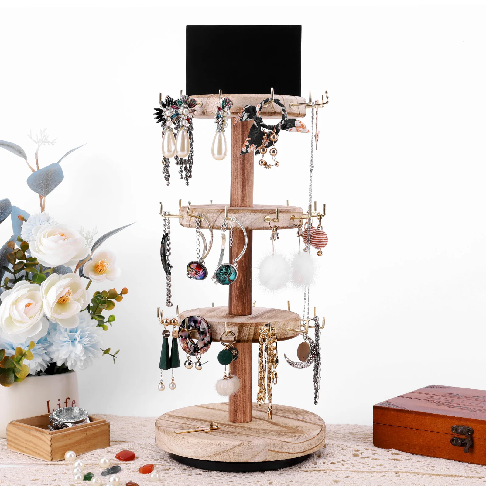 Rotatable Wooden Craft Jewelry Holder Bracelet Display Stand Jewelry Display Holder Bracelet Keychain Display Stands for Selling