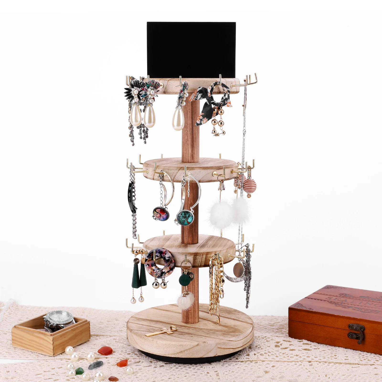 Rotatable Wooden Craft Jewelry Holder Bracelet Display Stand Jewelry Display Holder Bracelet Keychain Display Stands for Selling
