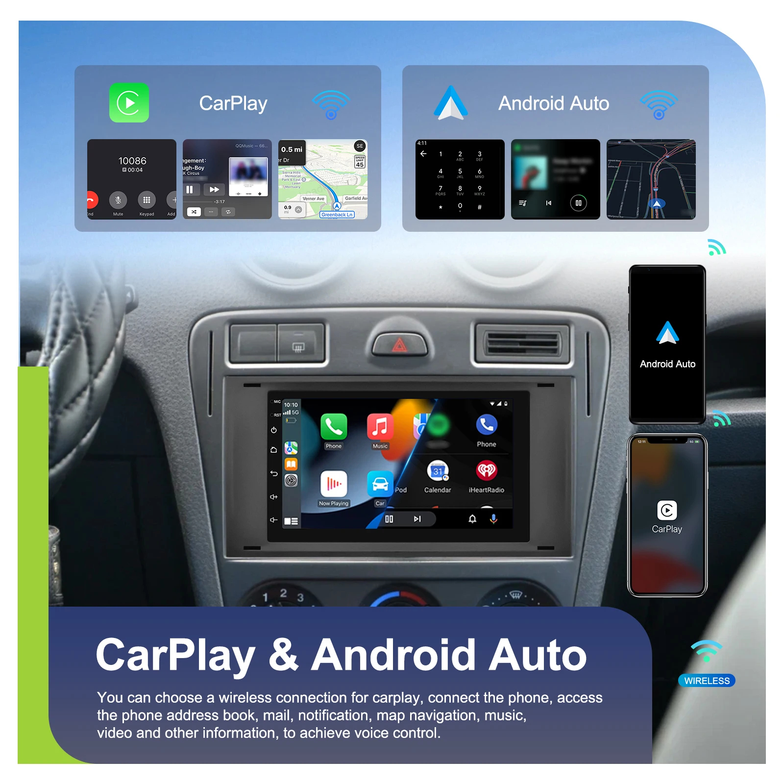 Podofo 4GB 64GB Carplay Android Auto Car Radio 7 Inch For Transit Fiesta Focus Galaxy Mondeo Fusion Kuga C-Max S-Max Connect