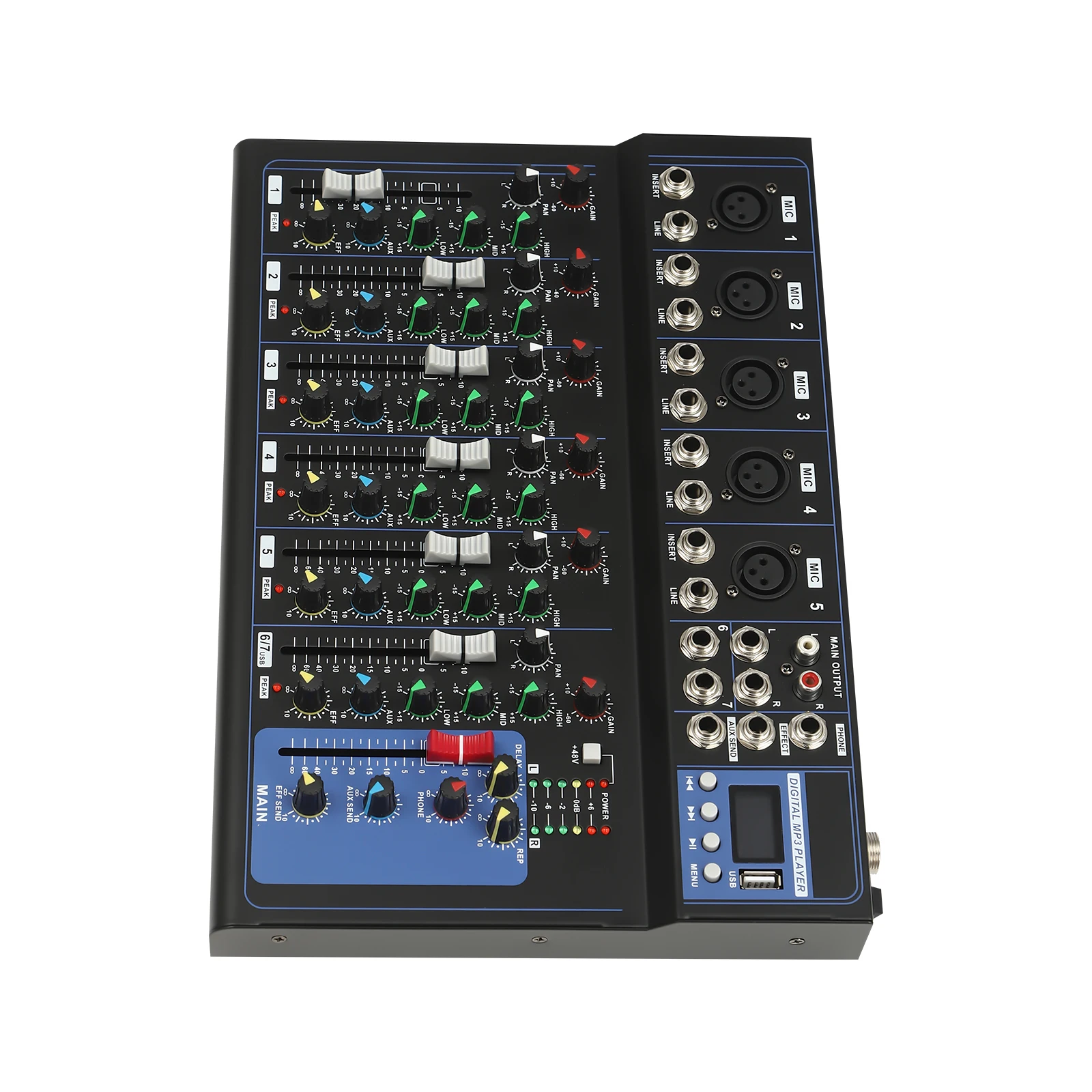 7-Channel Professional Stereo Mixer Digital USB Computer Jack 3-Band Equalizer 6 Music Modes 48V Phantom Power Stereo DJ Mixer