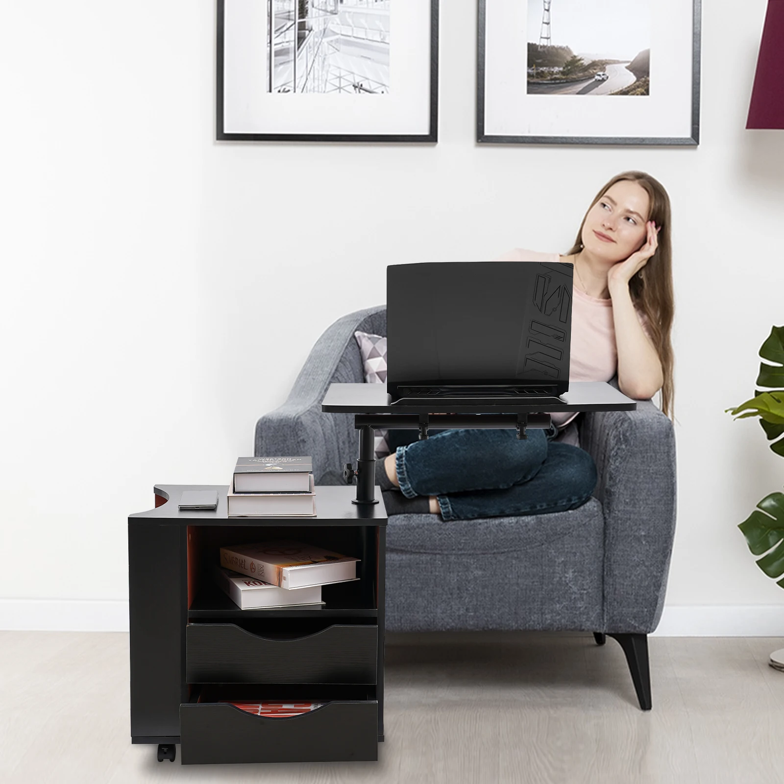 3 Tiers Functional Rotating Bedside Table Rotate 360° Bookshelf 60*40cm Multi-functional Reading Shelf Height Adjustable for Bed