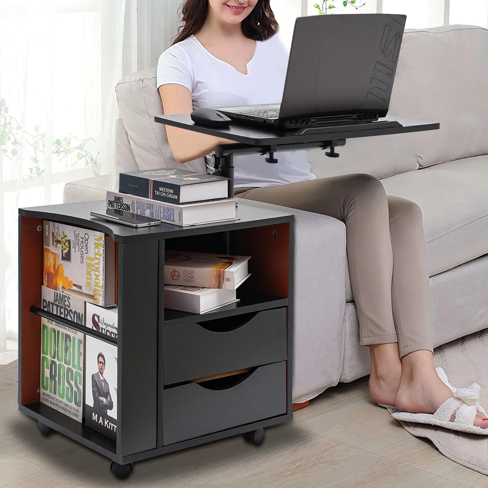3 Tiers Functional Rotating Bedside Table Rotate 360° Bookshelf 60*40cm Multi-functional Reading Shelf Height Adjustable for Bed