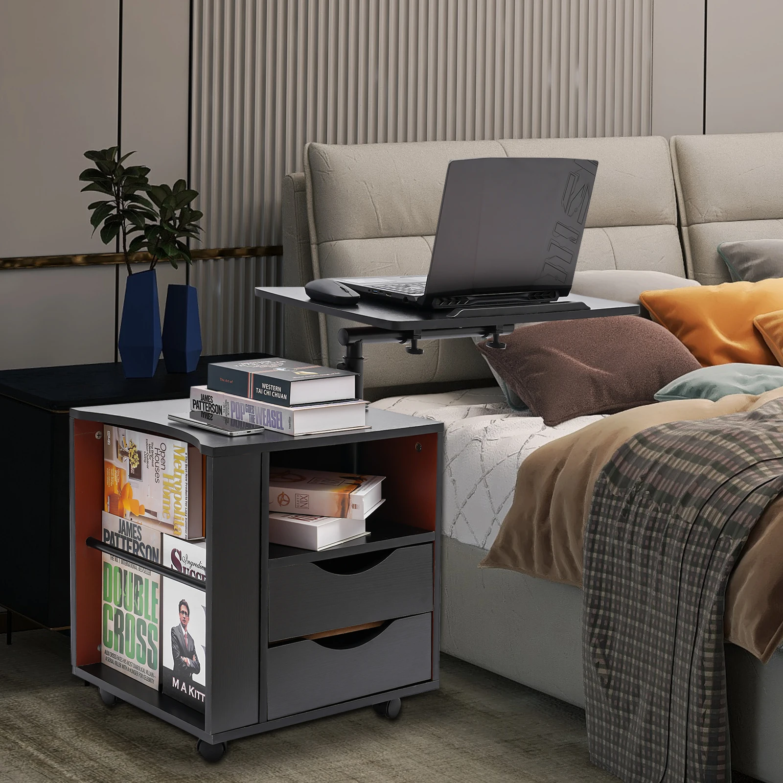 3 Tiers Functional Rotating Bedside Table Rotate 360° Bookshelf 60*40cm Multi-functional Reading Shelf Height Adjustable for Bed