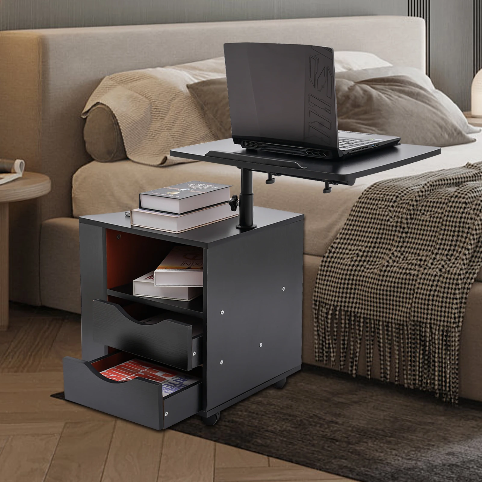 3 Tiers Functional Rotating Bedside Table Rotate 360° Bookshelf 60*40cm Multi-functional Reading Shelf Height Adjustable for Bed