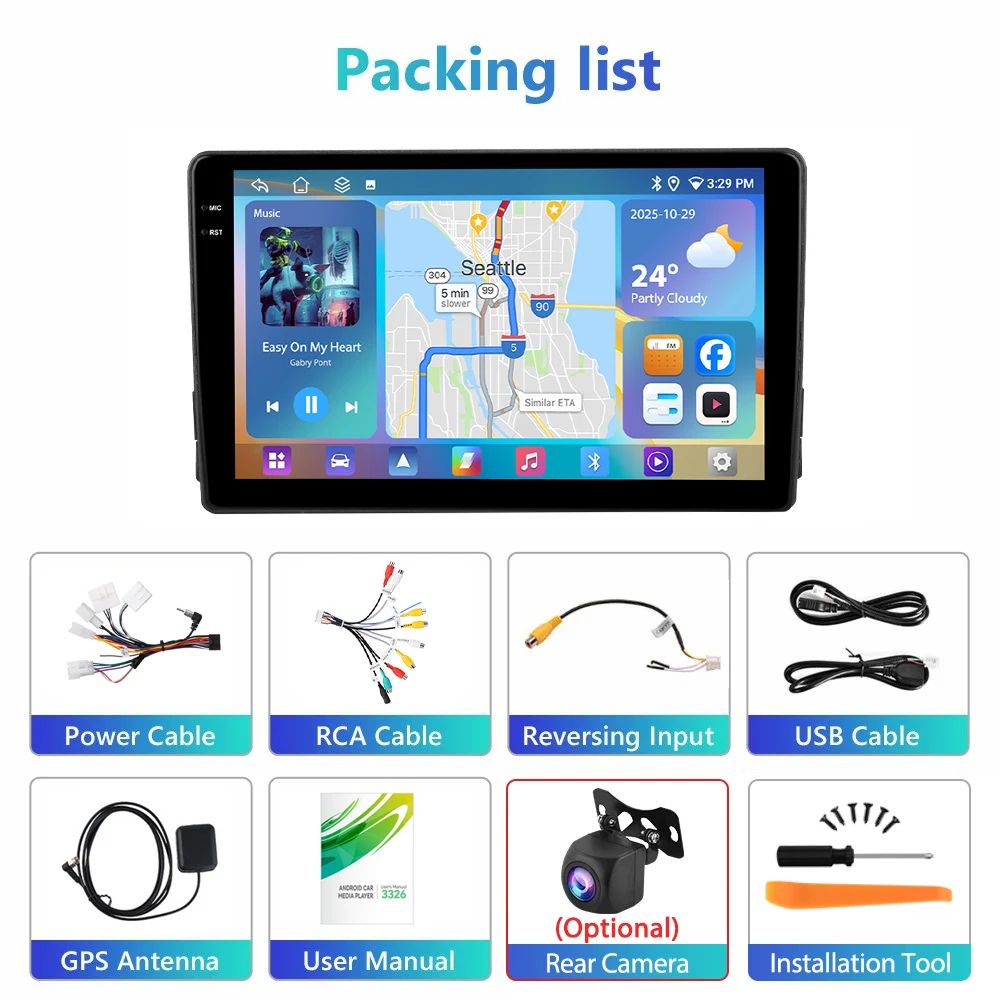 Podofo 4GB+64GB Wireless Carplay Android Auto Car Radio Mirror Link Multimedia Video Player 9 Inch For Toyota AURIS 2013-2015