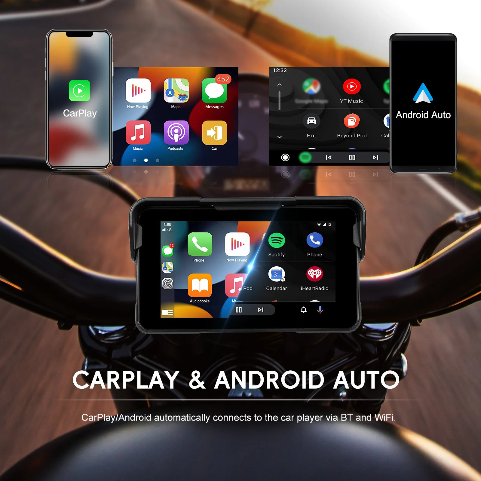 Podofo Wireless Carplay Android Auto Portable Digital Motorcycle Dashboard 5 Inch Universal Smart Player IP68 Waterproof BT FM