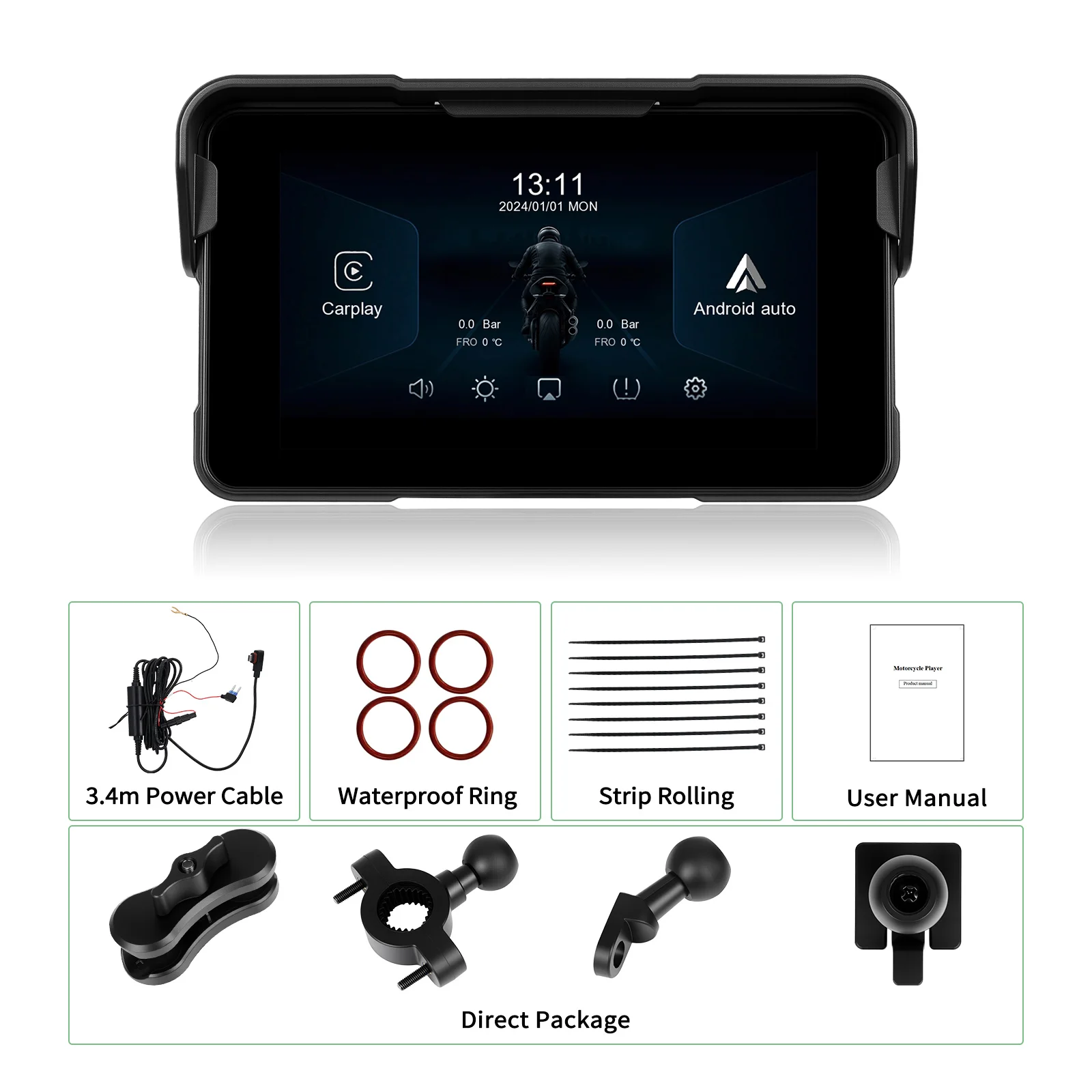 Podofo Wireless Carplay Android Auto Portable Digital Motorcycle Dashboard 5 Inch Universal Smart Player IP68 Waterproof BT FM