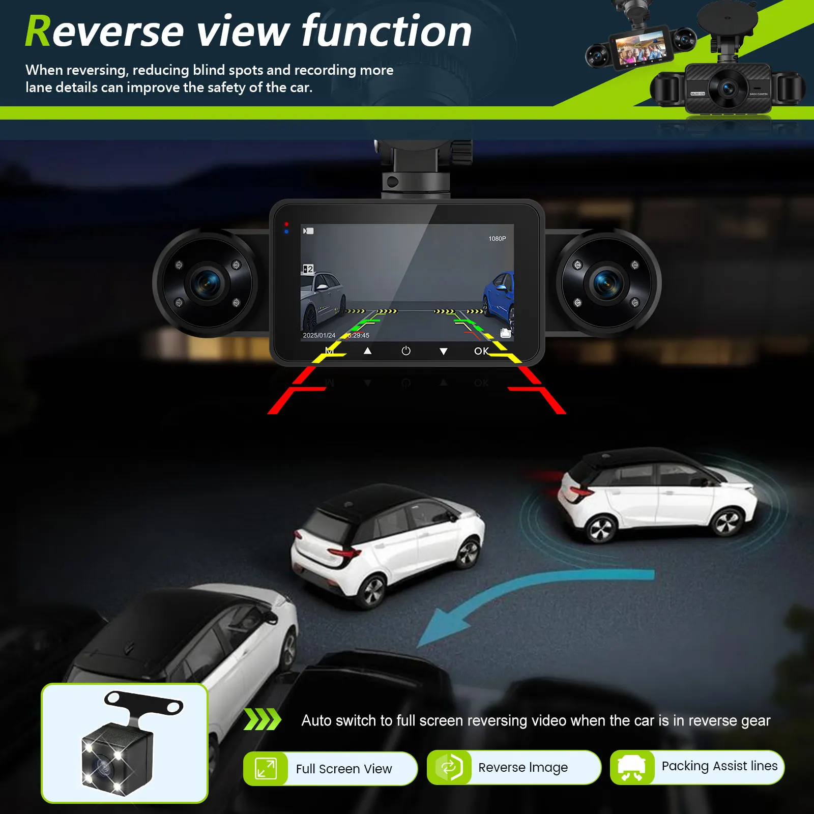 Podofo Car DVR Recorder Parking Mirror Monitor 3 Inch 1080P HD Automobile Dash Cam 8 Infrared Night Vision Lights