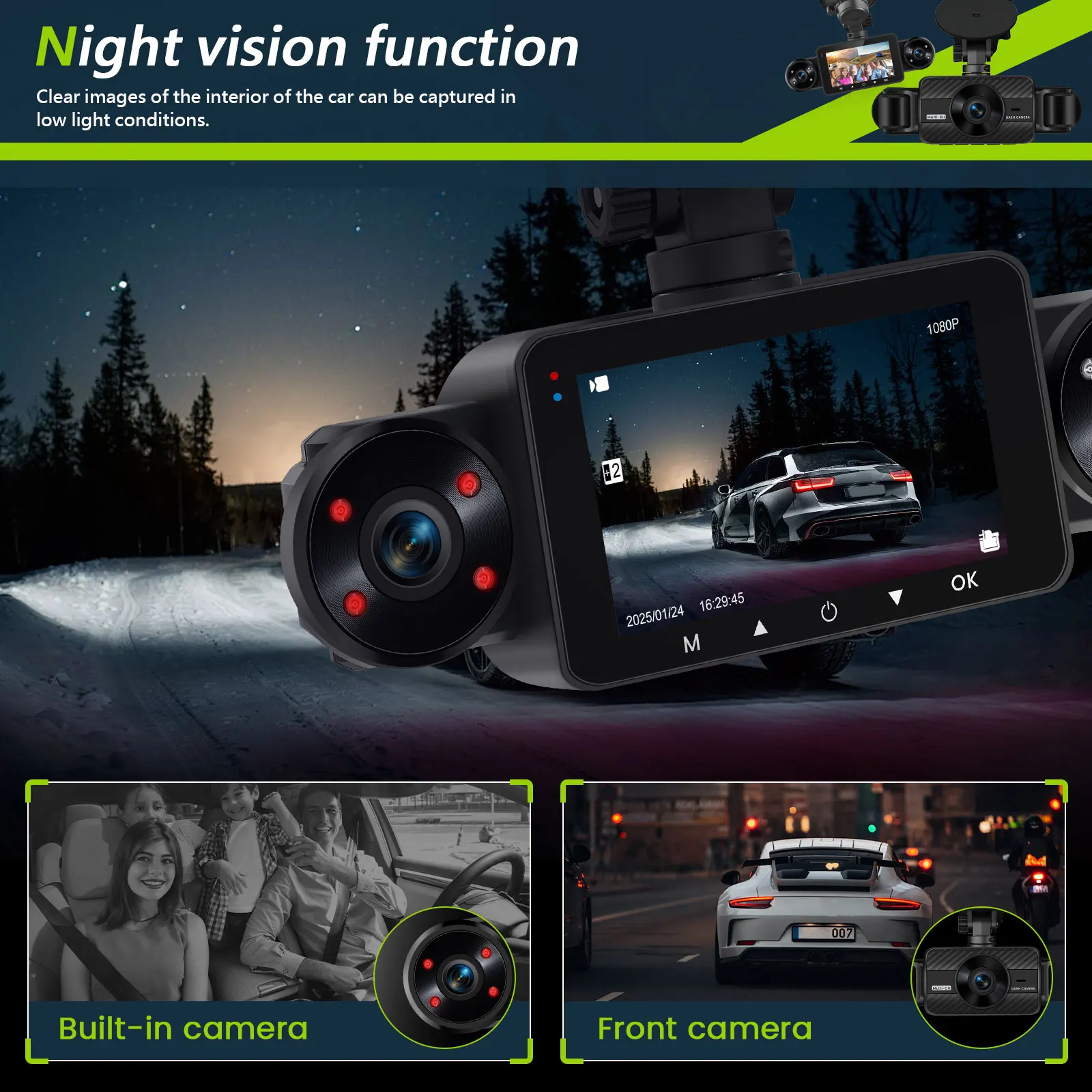 Podofo Car DVR Recorder Parking Mirror Monitor 3 Inch 1080P HD Automobile Dash Cam 8 Infrared Night Vision Lights