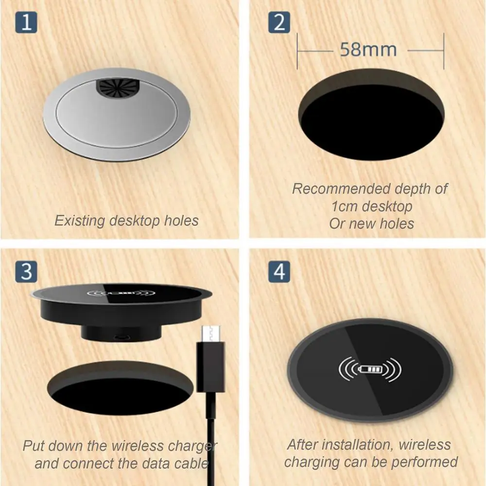 Invisible Wireless Charger Desk Hole Recessed Charger Grommet Fast Charging Station Cordless Desktop Charging Mat For Tabletop