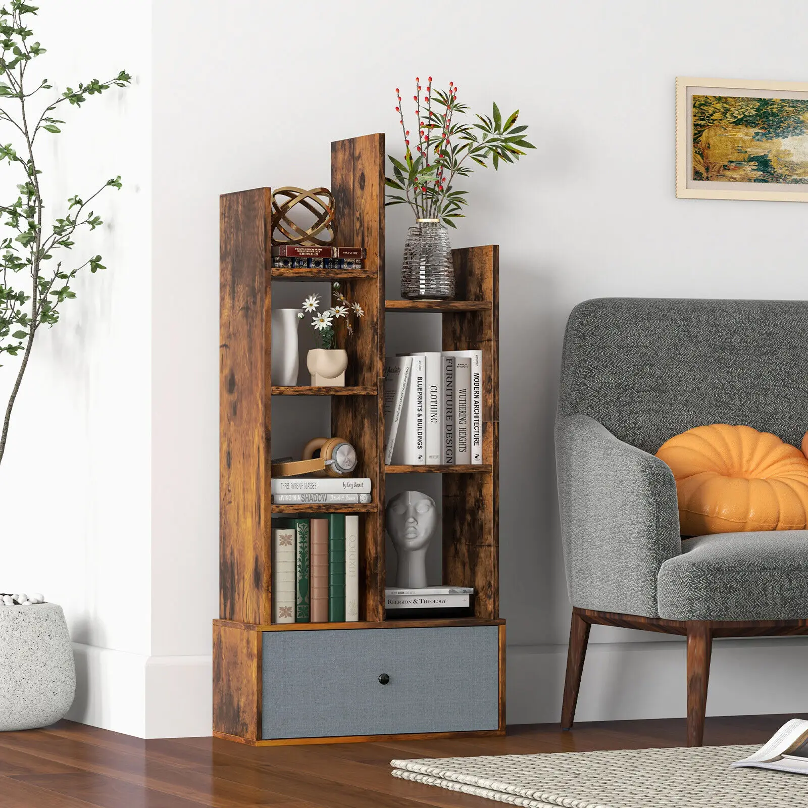 GOFLAME 7-Tier Open-Back Bookshelf Wooden Bookcase Organizer Storage Display Shelves