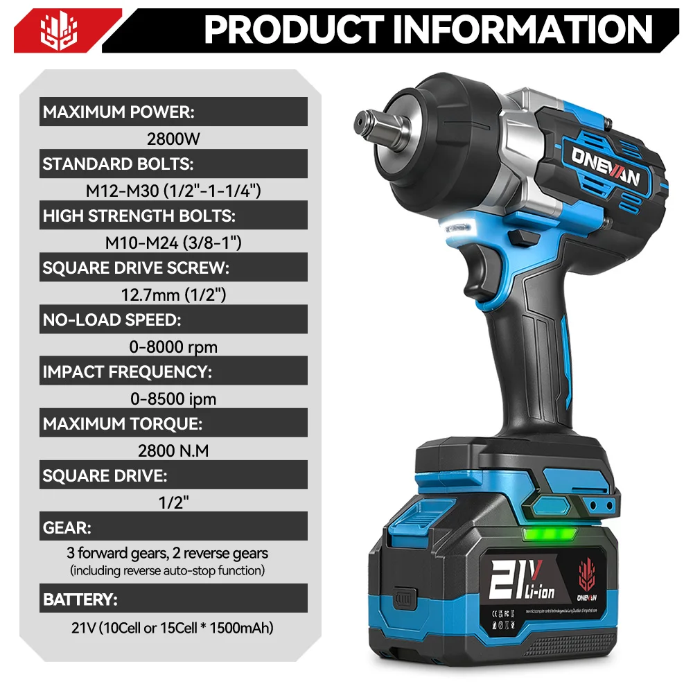 ONEVAN 2800N.M Brushless Electric Impact Wrench 1/2 inch Cordless Screwdriver Wrench Power Tools For Makita 18V Battery Pin