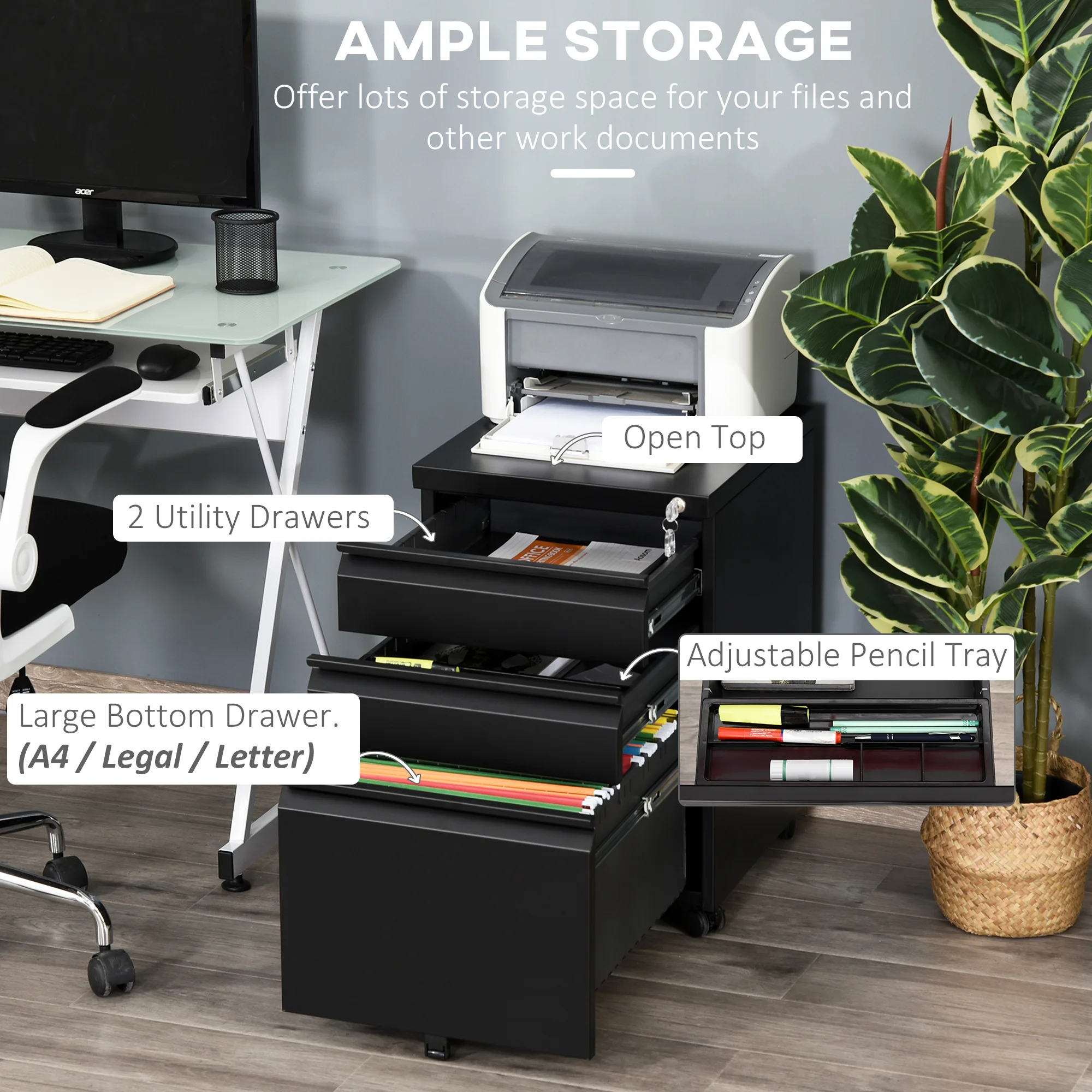 Vinsetto 3 Drawer File Cabinet, Lockable Metal Filling Cabinet, Black