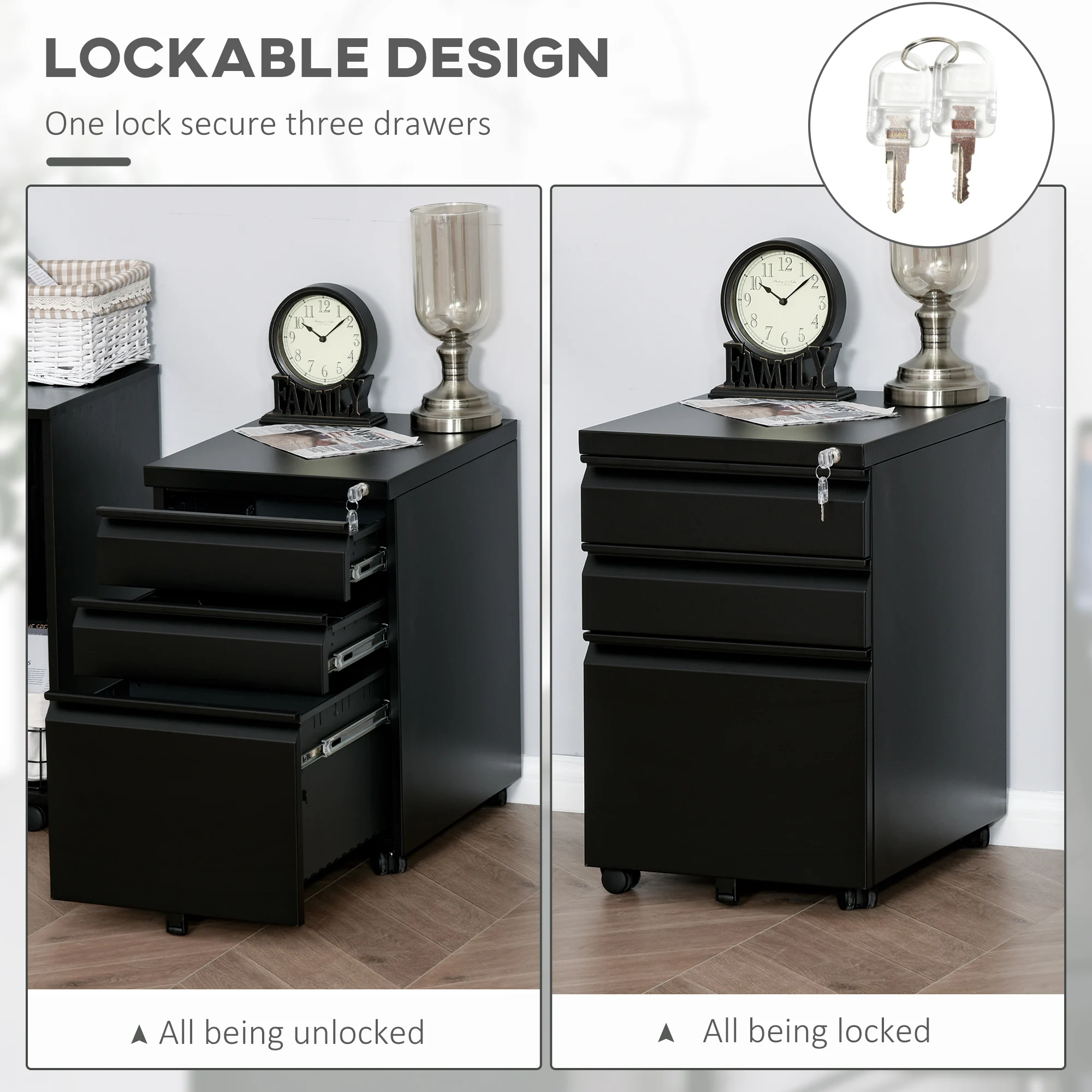 Vinsetto 3 Drawer File Cabinet, Lockable Metal Filling Cabinet, Black