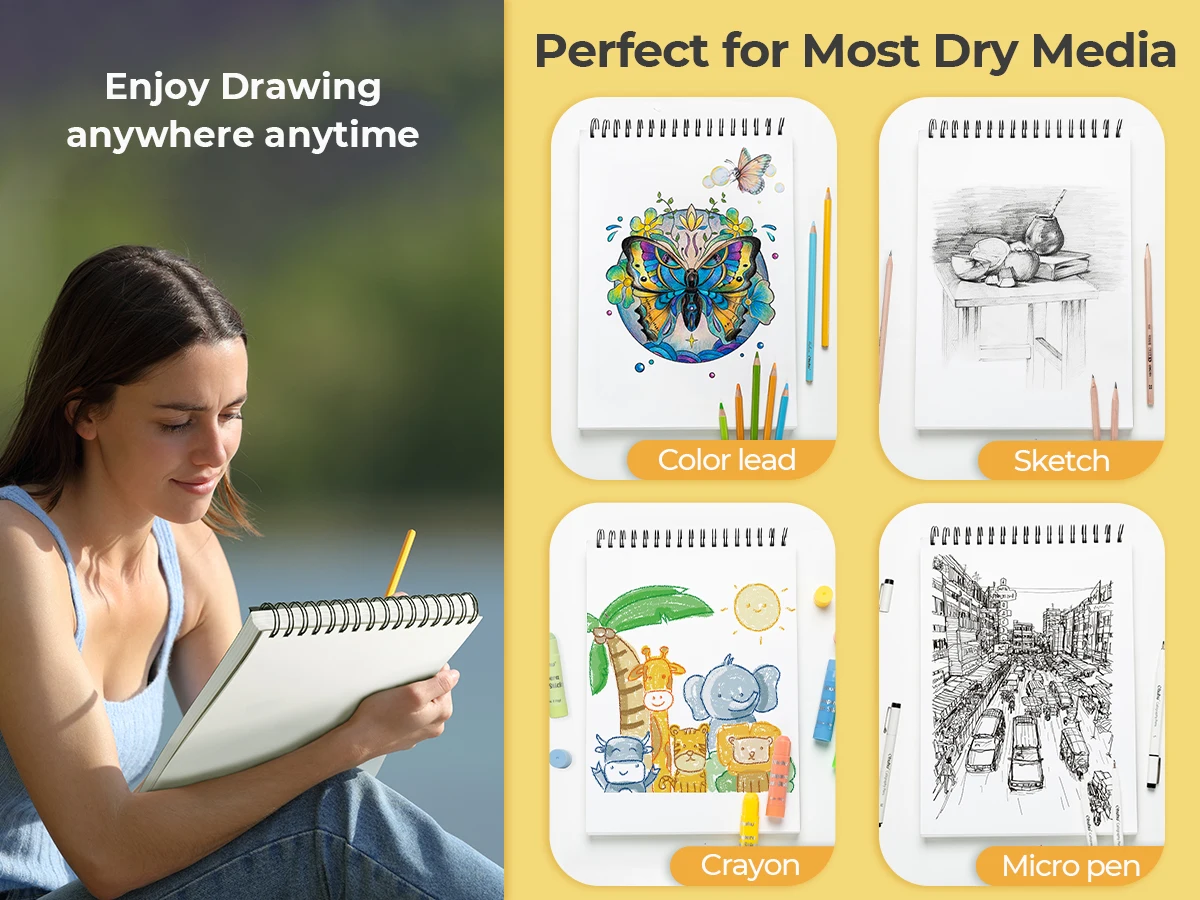 Ohuhu Bamboo Fiber Sketch Book Tear Resistant Drawing Paper Top Spiral Bound Sketch Pad Acid Free Art Drawing Painting Paper