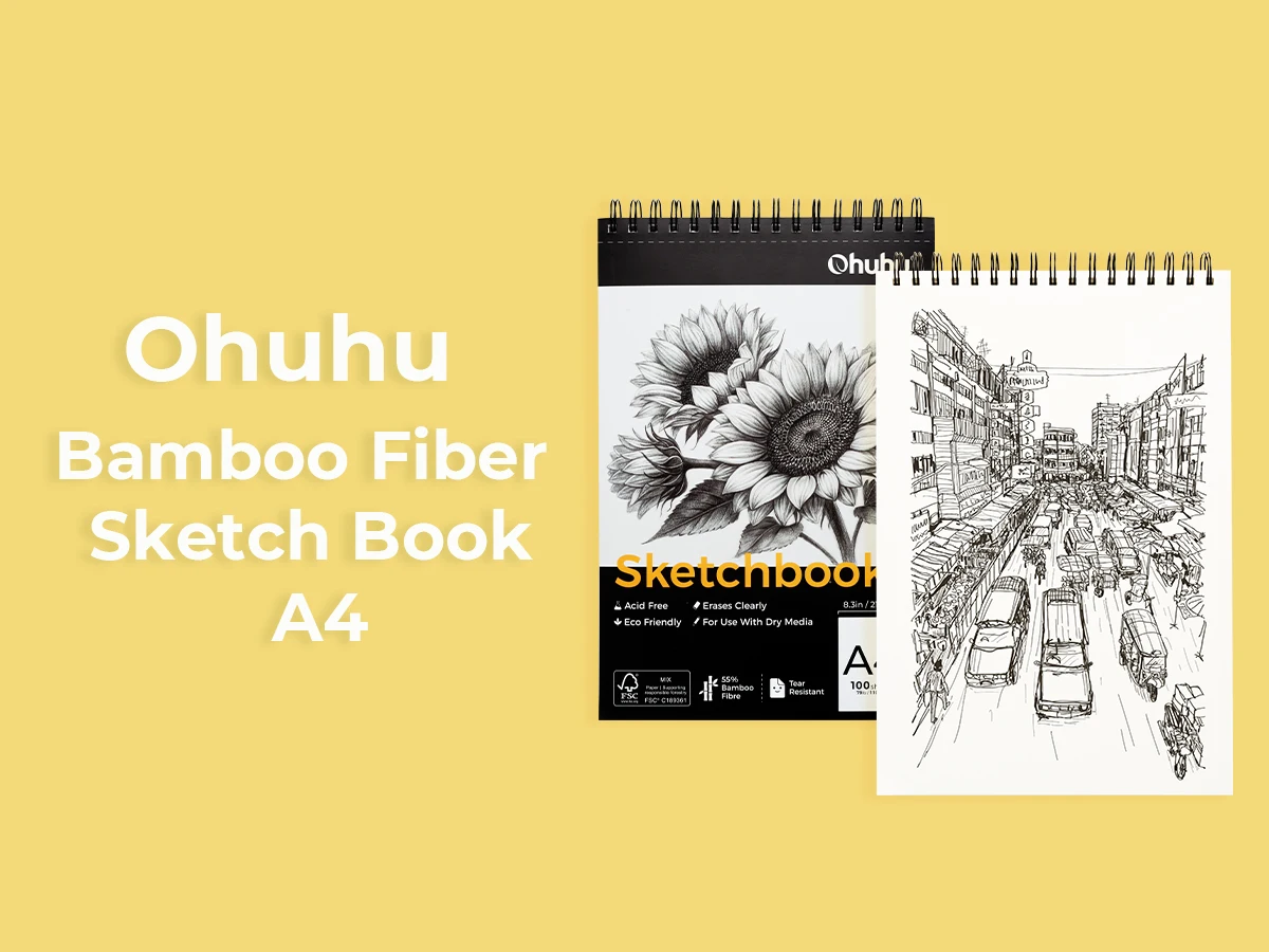 Ohuhu Bamboo Fiber Sketch Book Tear Resistant Drawing Paper Top Spiral Bound Sketch Pad Acid Free Art Drawing Painting Paper